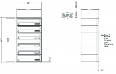 RENZ Briefkastenanlage Unterputz, Schattenfugenrahmen, Kastenformat 370x110x270mm, 6-teilig,